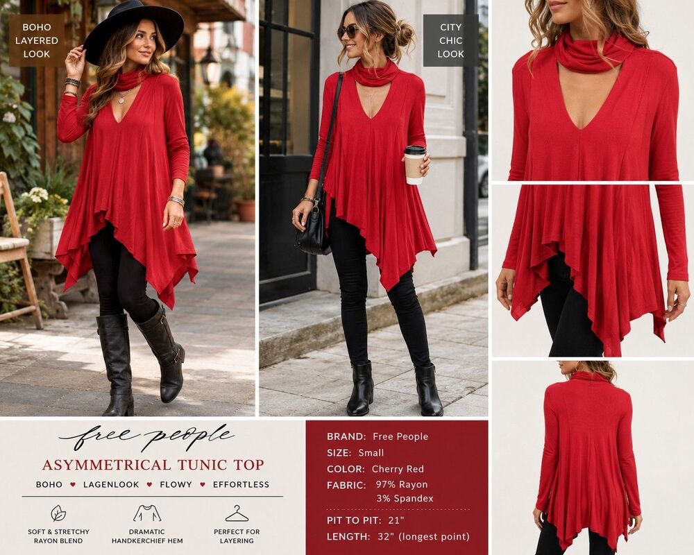 Free People Women Small Red Cowl Neck Asymmetrical Tunic Top Boho Lagenlook Chic